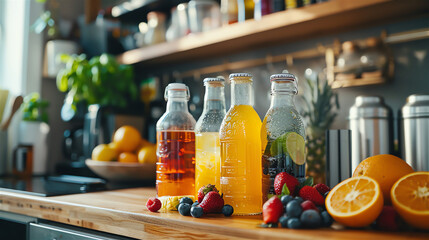 Assorted functional beverages on a kitchen counter..