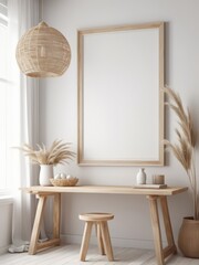 Interior poster mockup with vertical black frame in home interior background. Mockup Poster Frame in cozy room