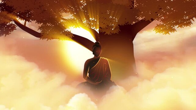 Motion graphic of Buddha enlightened under Bodhi tree, enlightenment of the Buddha under the Bodhi tree