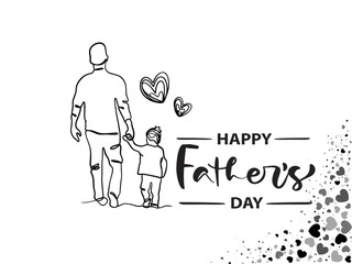 Fathers Day card with cute watercolor illustration of dad with son and daughter with balloon and walking together, 
