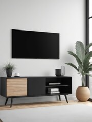 Mockup of a Black TV Frame in a Modern Family Lounge, 3D Render with a Blank White Screen. Modern Cozy Interior Design With Sofa
