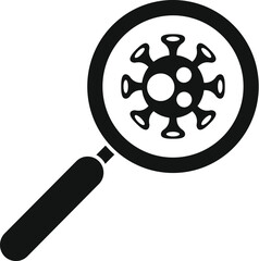Obraz premium Black and white icon of a magnifying glass examining a coronavirus molecule