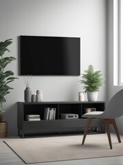 Fototapeta premium Mockup of a Black TV Frame in a Modern Family Lounge, 3D Render with a Blank White Screen. Modern Cozy Interior Design With Sofa