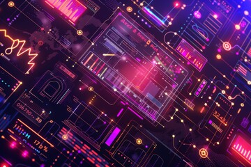 Obraz premium Conceptual Illustration of Julia Programming Language on a Dynamic Purple Background with Bytecode and Data Charts for Technical Blogs, Educational Content, and Coding Tutorials