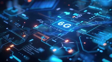 Blue circle with 6G and modern lines symbolizing advanced technological developments