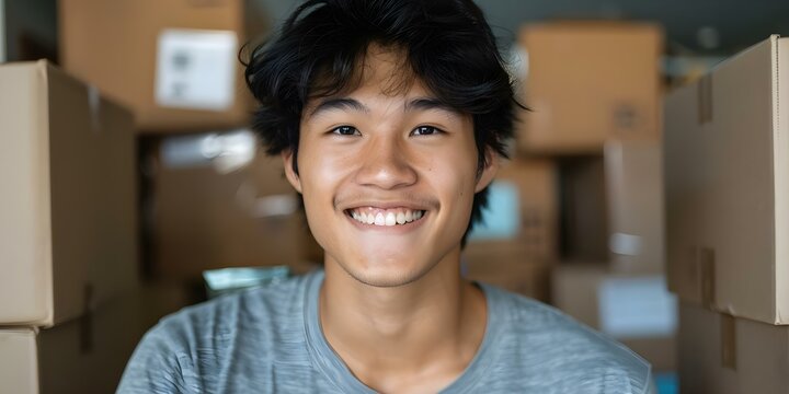 Young Asian college student unpacking or packing in dormitory or new apartment. Concept Moving Day, College Life, Packing Essentials, New Beginnings, Dorm Room Setup
