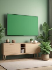 Mockup of a Black TV Frame in a Modern Family Lounge, 3D Render with a Blank White Screen. Modern Cozy Interior Design With Sofa