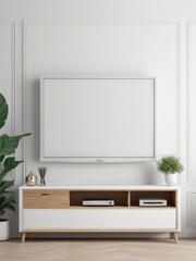 Mockup of a Black TV Frame in a Modern Family Lounge, 3D Render with a Blank White Screen. Modern Cozy Interior Design With Sofa