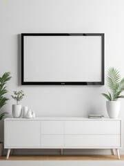 Mockup of a Black TV Frame in a Modern Family Lounge, 3D Render with a Blank White Screen. Modern Cozy Interior Design With Sofa