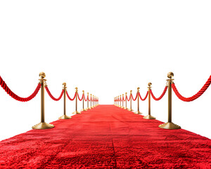 Luxury entrance Red rope with golden stumps on red carpet white background Luxury Entrance Red Carpet Concept