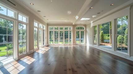 Obraz premium The spacious, open-plan living area of a Suburban Colonial home, with large windows that offer views of the surrounding mature trees and landscaped gardens