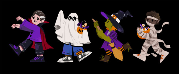 Halloween children costume, which, ghost, vampire, mummy. The kids dressed in halloween costume to go Trick or Treating. Vector characters set isolated on black background.