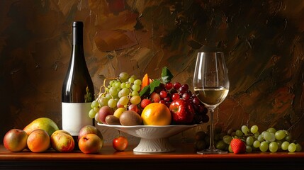 A classic still life with a bowl of mixed fruit, a bottle of wine, and a glass half full