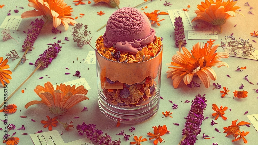 Poster an ice cream sundae rests in a jar amidst orange and purple blooms on a table adorned with cards and