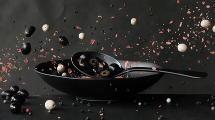 Obraz premium A bowl contains black and white balls; a spoon with black and white balls emerges from it