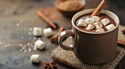 A cup of hot cocoa with marshmallows and a cinnamon stick