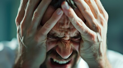 A man is crying and has his hands on his head