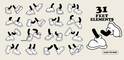 Cartoon feet in shoes in 30s style. Comic retro legs in different poses, leg standing, walking, running, jumping. Funny mascot parts.