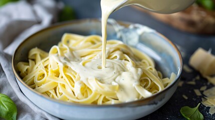 A serving of creamy Alfredo sauce being poured over a bowl of fettuccine pasta