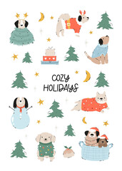 Winter Christmas greeting card with holiday scene and funny dogs. Hand drawn illustration with funny animal characters.
