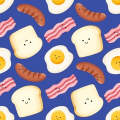 Breakfast seamless pattern with eggs, sausage bread and bacon, Healthy Breakfast, Protein Food Print