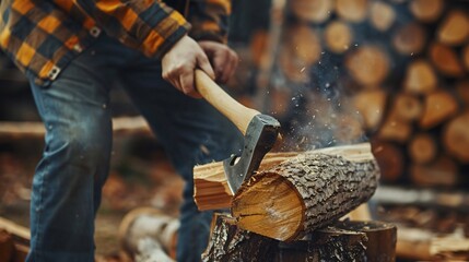 Close up shot of a person's hands chopping firewood with an axe in a rustic backyard