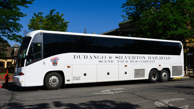 Durango, CO, USA - June 15, 2024; Durango and Silverton Railroad Scenic Tour Bus Company vehicle