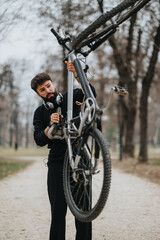 A young businessman takes a break from work to maintain his bike in the tranquility of a park.