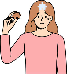 Obraz premium Depressed woman cries, feeling lack of motivation for development, and pulls piece of puzzle out of head. Girl with mental health disorder crying, needing support from friends and boyfriend