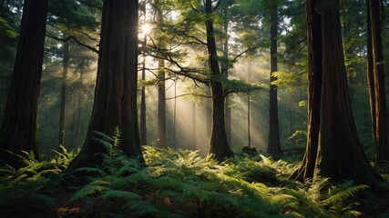 Fototapeta premium Sunlight Streaming Through Tall Trees in a Lush Temperate Rainforest