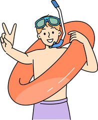 Little boy who loves to swim in pool with inflatable ring shows V gesture and looks at screen with smile. Teenage child comes to water park to swim and greets friends, anticipating fun.