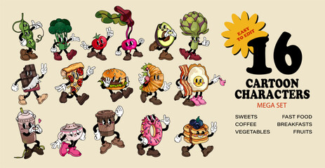 Mega set of anthropomorphic cartoon food characters in retro style. Gloved sweets, coffee, vegetables, fast food and breakfast mascots in boots. 