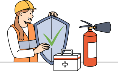 Woman safety specialist, stands near table with first aid kit and fire extinguisher and holds shield in hands. Girl safety inspector calls for caution, working to preserve life and health.