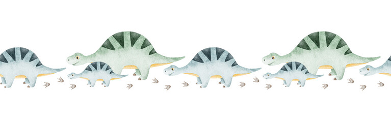 Cute blue sauropod dinosaurs and footprints. Childish frame with dinos. Isolated hand drawn Watercolor seamless border for design kid's rooms, scrapbook, textile © Fedulova_art