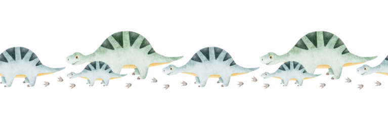 Cute blue sauropod dinosaurs and footprints. Childish frame with dinos. Isolated hand drawn Watercolor seamless border for design kid's rooms, scrapbook, textile