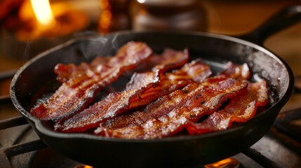 Crispy slices of turkey bacon sizzling in a cast iron pan, with a warm kitchen setting in the background
