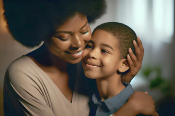 Obraz premium Black mother and her son smiling and hugging