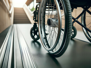 Wheelchair approaching a ramp, close-up of wheels