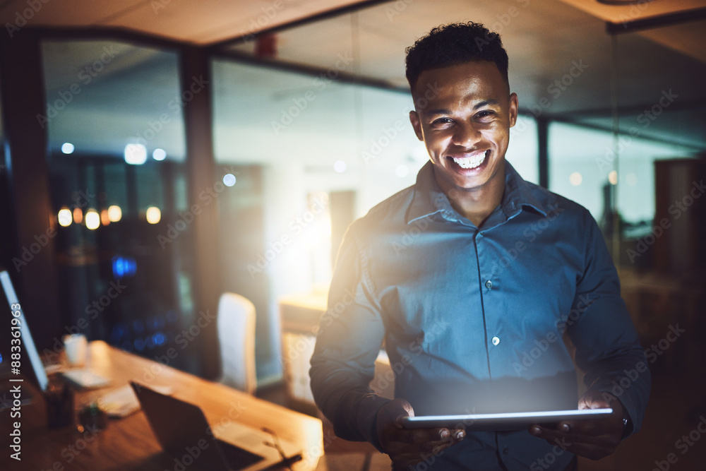 Aufkleber Office, tablet and portrait of businessman at night online for website, research and internet for project. Creative, working late and worker on digital tech for networking, planning and web design