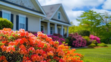 The vibrant, blooming azaleas at the front of a Suburban Cape Cod home, their bright colors enhancing the homea??s simple, elegant lines