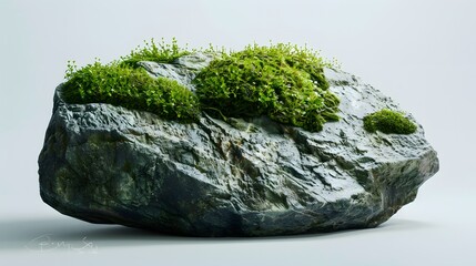 Large stone covered with green moss isolated on white background. 