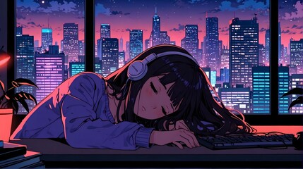 Lofi style girl wearing headphones, sleeping in a night with the city behind her