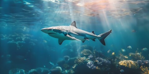 Fototapeta premium Colorful underwater world with a big shark a powerful ocean predator. Concept Underwater Photography, Ocean Wildlife, Shark Encounters, Colorful Marine Life, Predatory Animals
