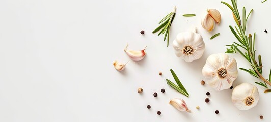 garlic with rosemary and pepper isolated on a white background. View from above. place for text. 