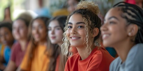 Obraz premium Teens of diverse backgrounds bonding over body positivity at community workshop. Concept Body Positivity, Teens, Community Workshop, Diversity, Bonding