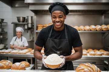 Happy young black baker working in bakery kitchen, pouring flour and wearing black aprons. food, business, bakery and work, unaltered.