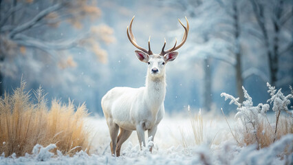 A majestic white deer stands still in a serene snowy meadow, its coat blending seamlessly into the winter landscape, creating a stunning camouflage effect.