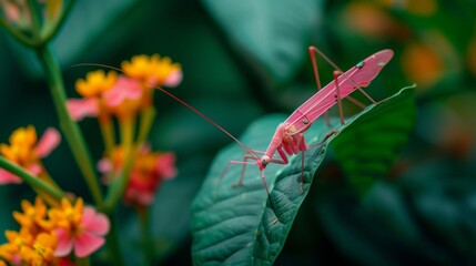 Pink winged stick insect blending seamlessly with the vibrant flowers and leaves of a tropical plant