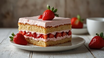 Delicious strawberry cake on white wooden table
