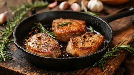 Juicy pork chops sizzling in a cast iron pan, garnished with fresh rosemary and garlic cloves